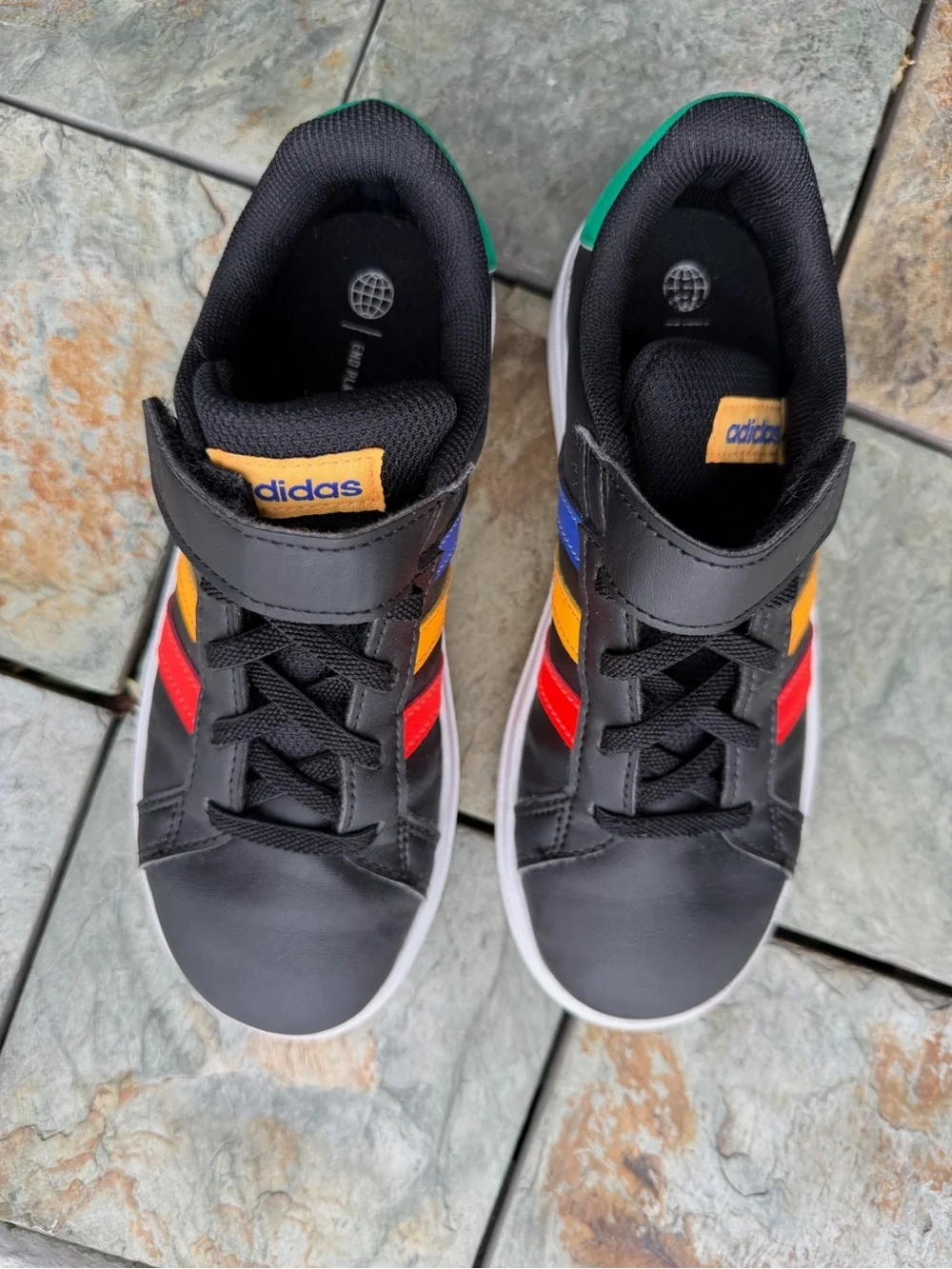 adidas Kids Black Sneakers with Red, Yellow and Blue Stripes